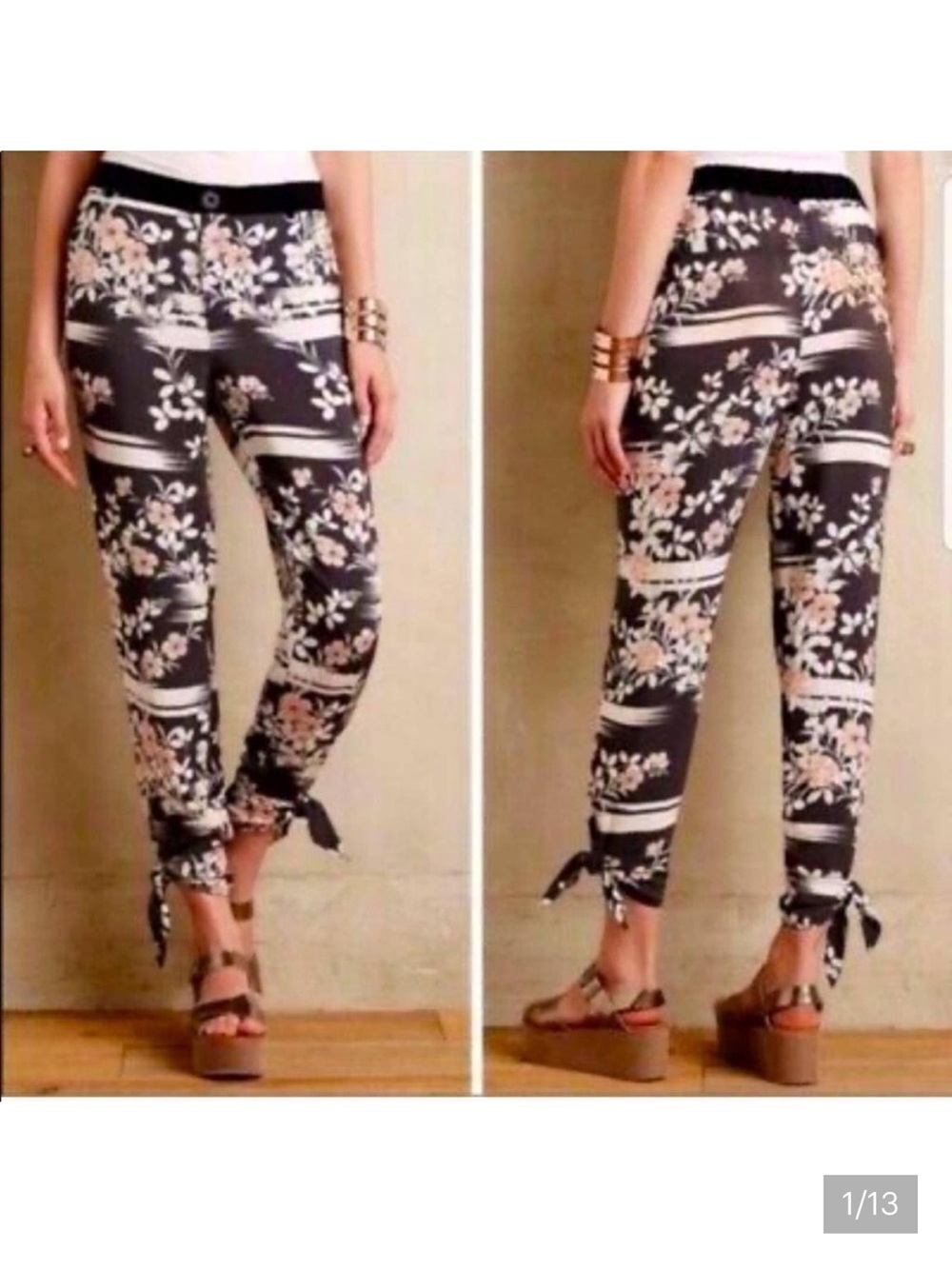 Elevenses Anthropologie Floral Tie Ankle Pants